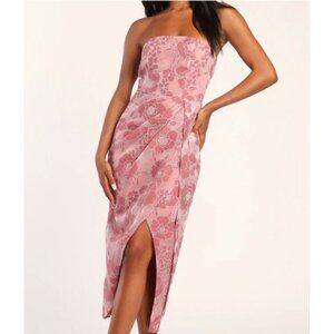 Lulu's Dreamy Vision Mauve Floral Burnout Jacquard Strapless Midi Dress, M, NWT